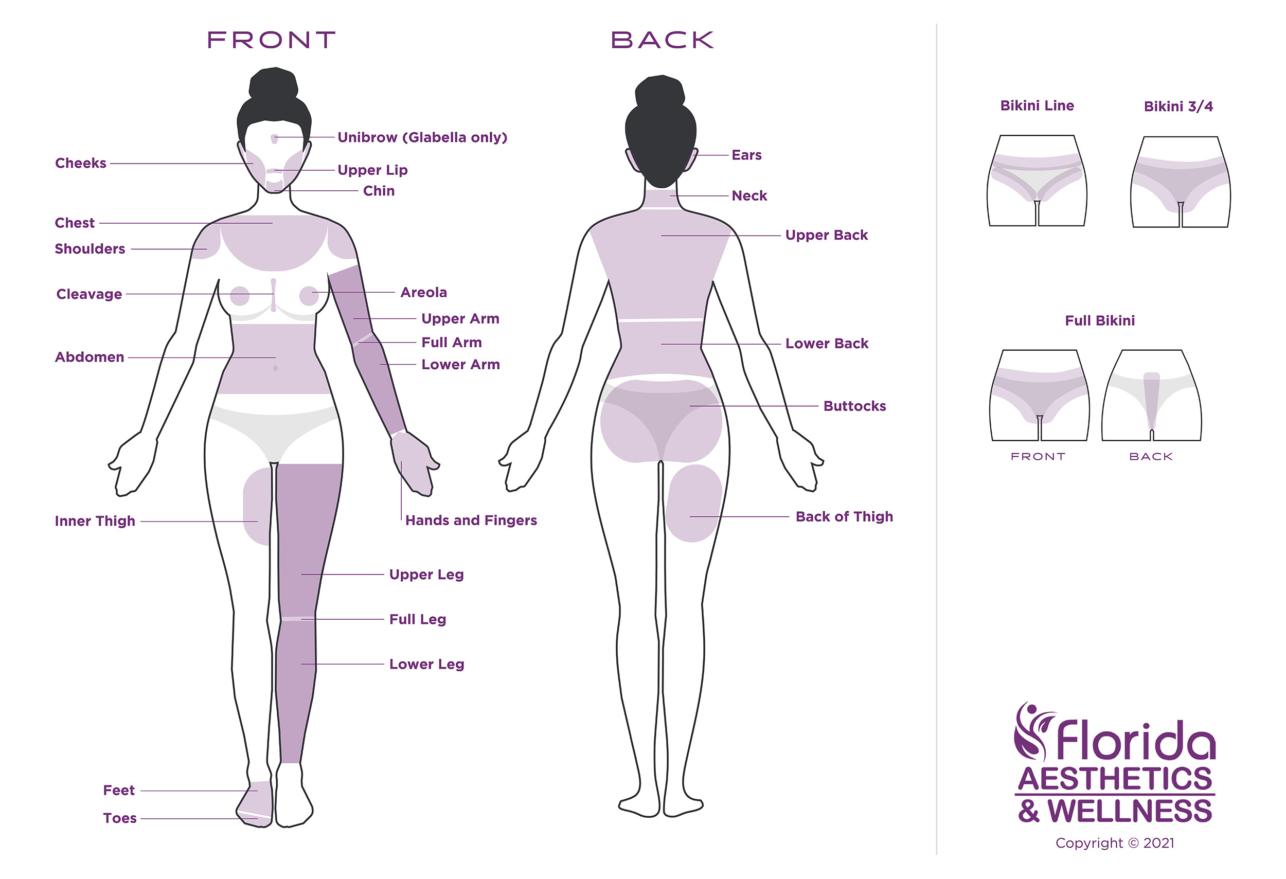 Laser hair removal treatment areas diagram at Florida Aesthetics Brandon FL